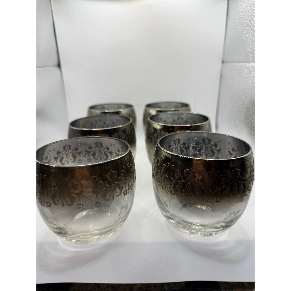 Vintage Silver Ombre Damask Filigree Lowball Whiskey Glasses Set of 6 MCM Style